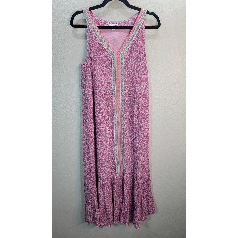 J.Jill Pink Floral Maxi Dress Size M Sleeveless Boho Tiered Rayon Cottagecore